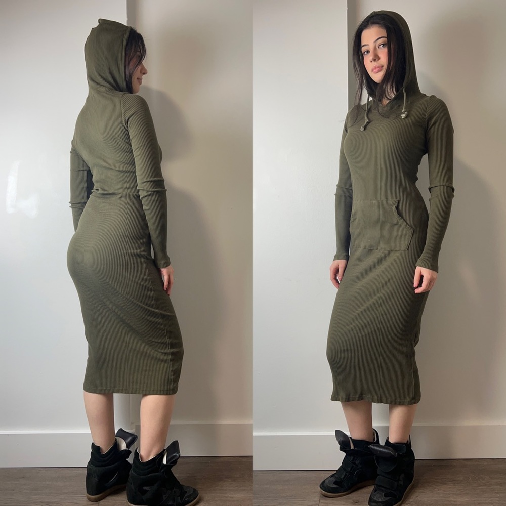 olive green hooded ribbed midi maxi dress